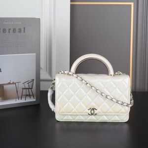 CHANEL Pearl White Iridescent Quilted Top-Handle Satchel